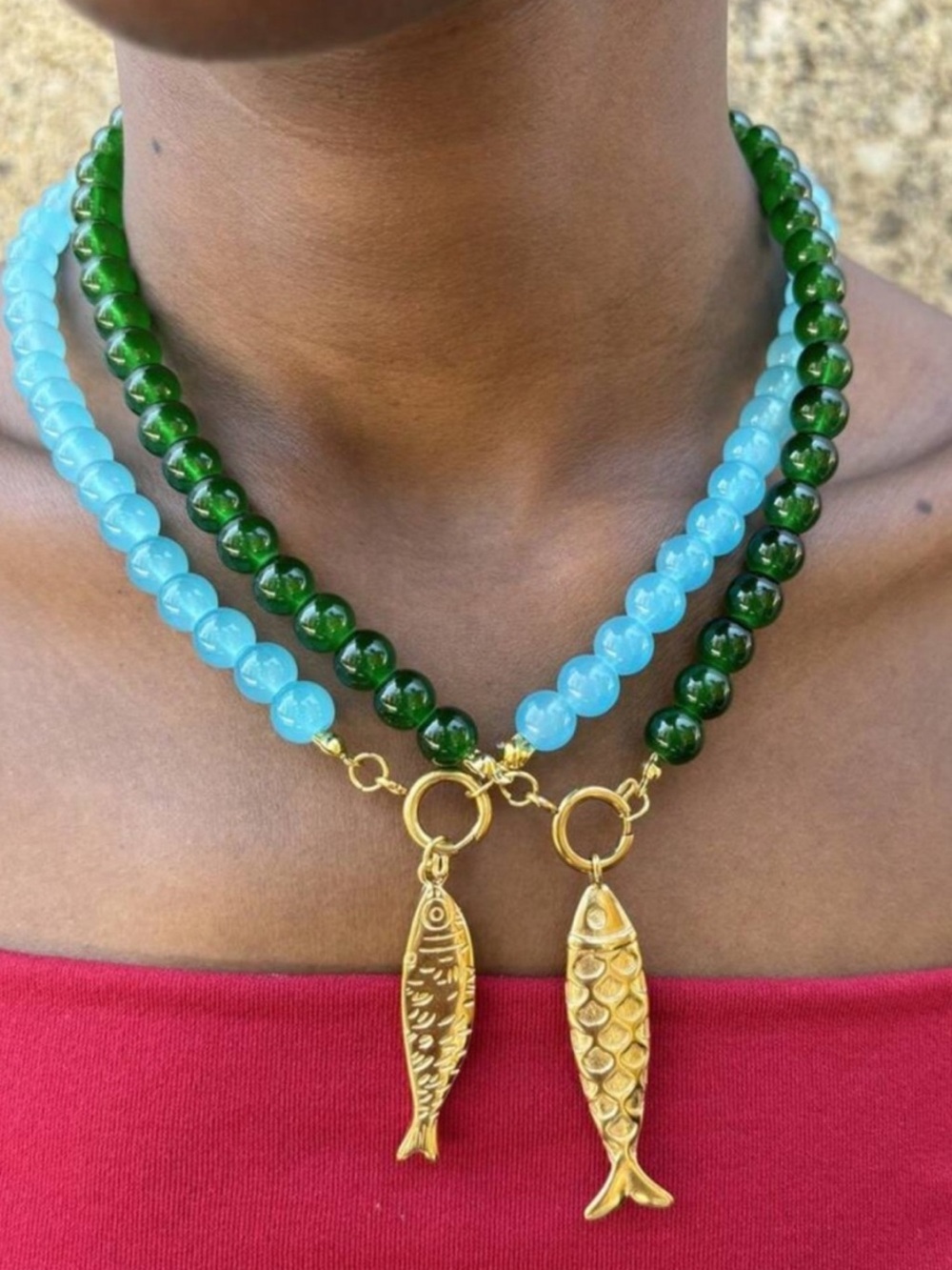Blue Beaded Necklace with Gold Fish